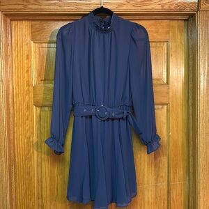 Nine West Steel Blue long sheer sleeves with belt mini dress size XSMALL NWT